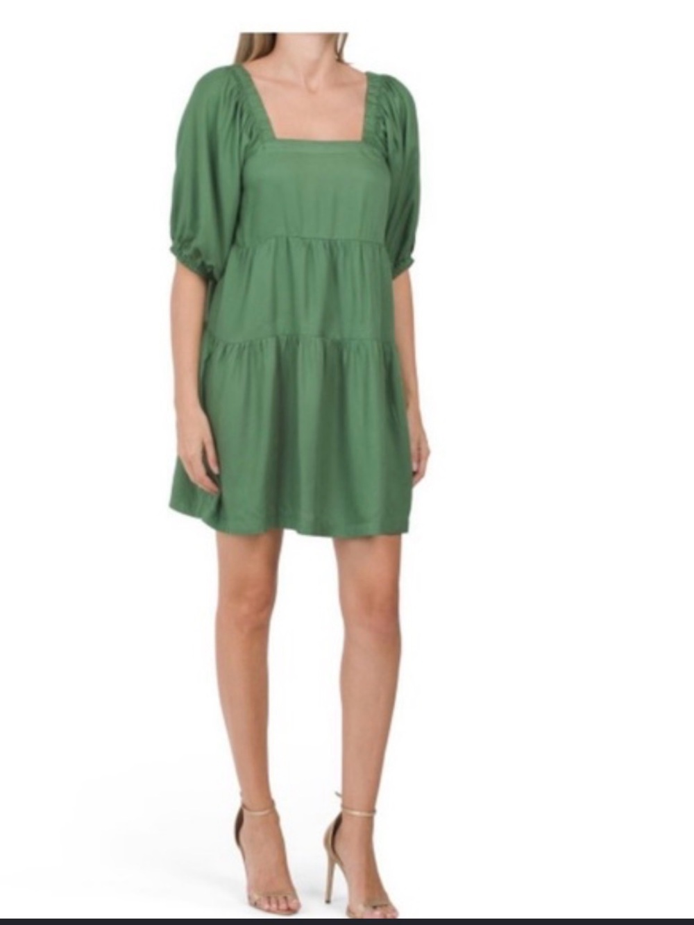 Green Puff Sleeve Mini Dress Fairy Cottagecore Tiered Size M
